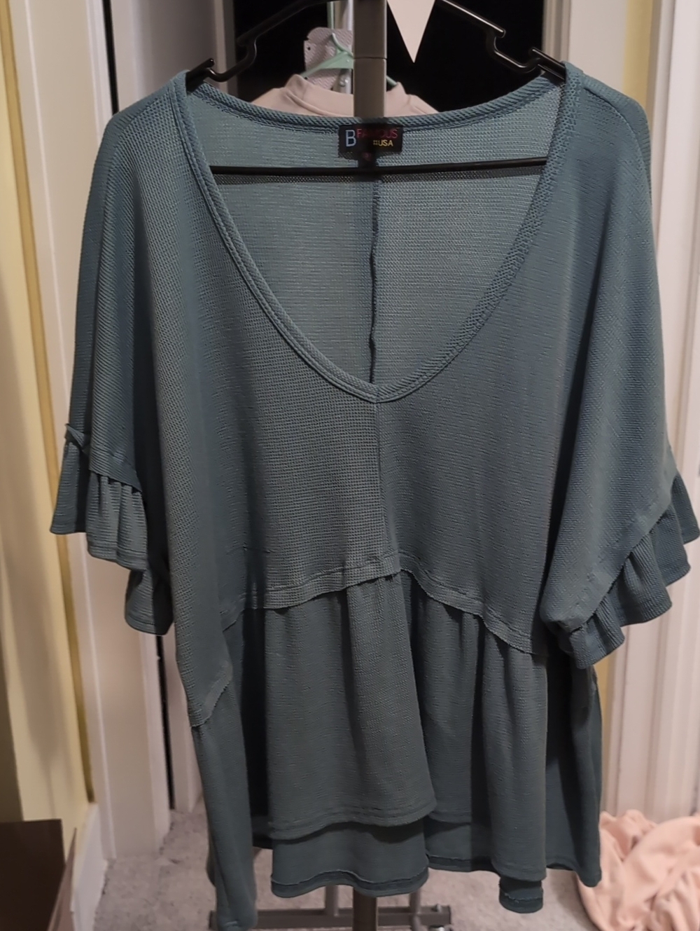 Teal Ruffle-Sleeve V-Neck Tunic